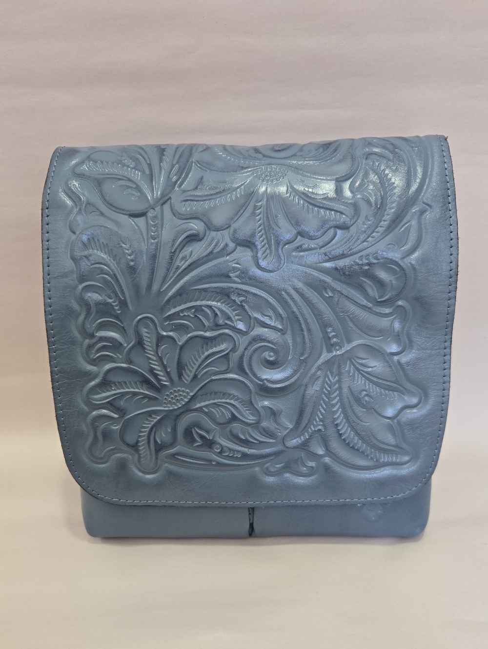 Patricia Nash Blue Embossed Floral Italian Leather Crossbody Bag